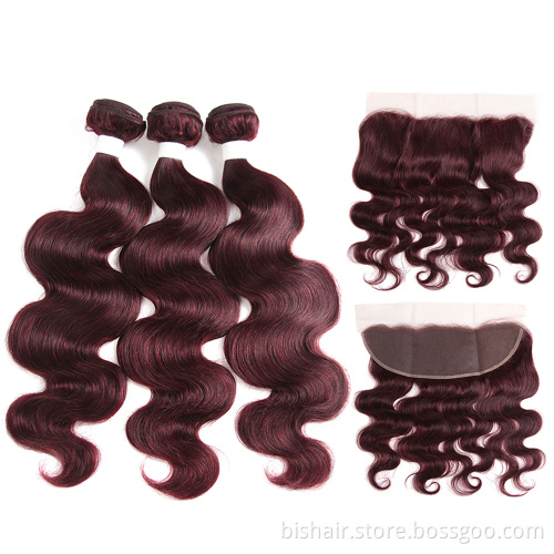 BIS Hot Red Body Wave Bundles With Closure Brazilian Colored 99J 3 Bundles With 4*4 Lace Closure Remy Human Hair Weaves